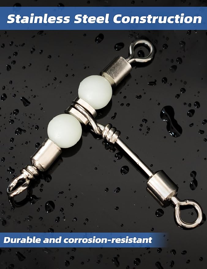 BLUEWING Stainless Steel 3 Way Fishing Swivels with Glow Beads 88lbs, 110lbs, 121lbs, 132LB for Saltwater Freshwater Fish Tackle, 5 pcs