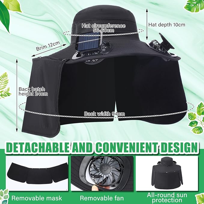 Chuarry Wide Brim Sun Hat with 2 Solar Fans and Neck Flap Outdoor Solar Powered USB Charging Bucket Fishing Hat for Men Women
