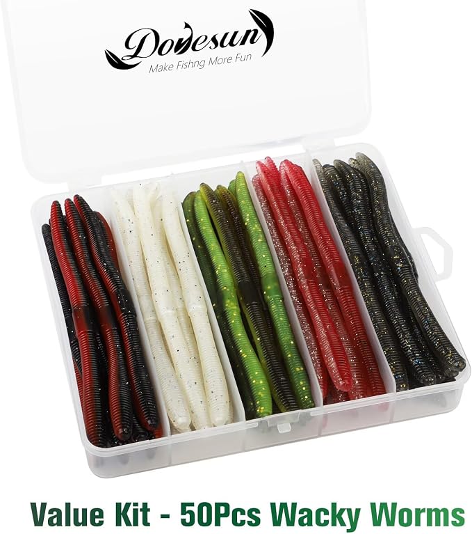 Dovesun Wacky Worm for Bass Trout Fishing Worms Kit with Soft Plastic Baits, Weedless Hooks, Bass Hooks,Weedless Jig Head, Wacky Rig Tool, O-Rings, Weight 152Pcs/131Pcs/50Pcs
