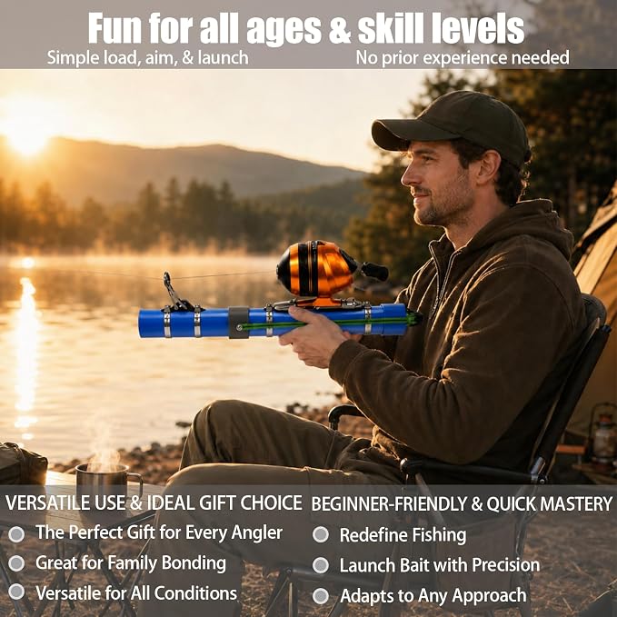 Fishing Catapult Rod, Portable Catapult Fishing Pole with Reel & Metal Lure, Complete Casting Kit with 2 Latex Tubes & Carry Bag for Saltwater and Freshwater Fishing Gear