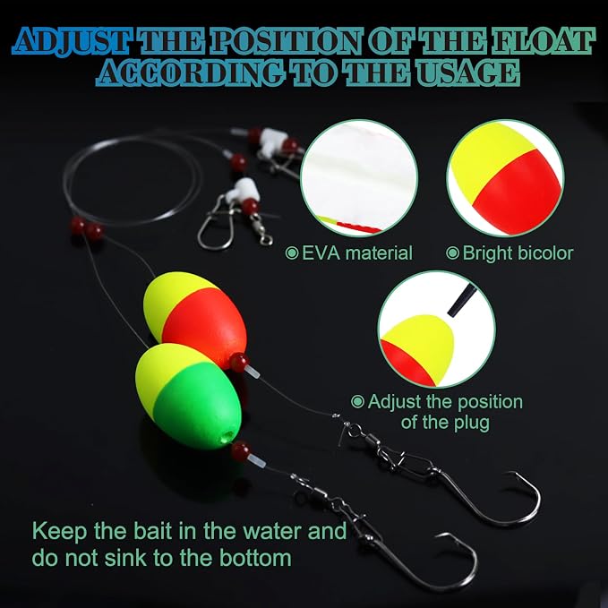 Fish Finder Rigs - 6 Pack (Size 6/0 or 8/0) with 33LB Fluorocarbon Leader - Pre-Assembled Surf Fishing Rigs with High-Carbon Steel Hooks & Oversized Float for Saltwater Ocean Fishing