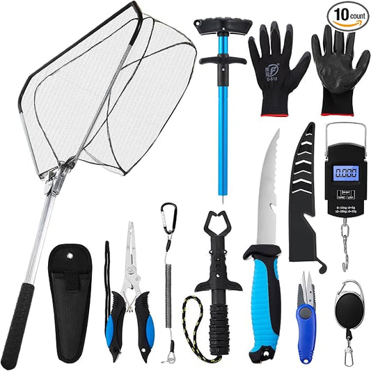 RoundFunny 10 Pcs Fishing Tool Kit, Fishing Pliers with Lanyard and Protective Sheaths, Landing Net, Fillet Knife, Fish Scale, Gripper, Hook Remover, Braid Scissors, Gloves for Men Dad Gift