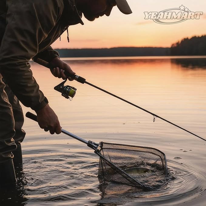 Yeahmart Fishing Landing Net with Telescopic Aluminum Handle Pole, Collapsible Nylon Mesh Minnow Fish Net for Saltwater & Freshwater, Portable Fishing Gear for Kids, Men, Women, Extends 21-75 Inches