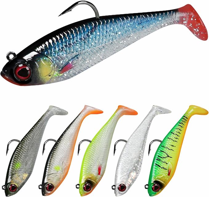 GOTOUR Pre-Rigged Soft Fishing Lures with Weedless Hook, Lifelike Paddle Tail Swimbaits for Bass Fishing, Freshwater & Saltwater Fishing Bait, Fishing Tackle for Bass, Pike, Trout, and Walleye