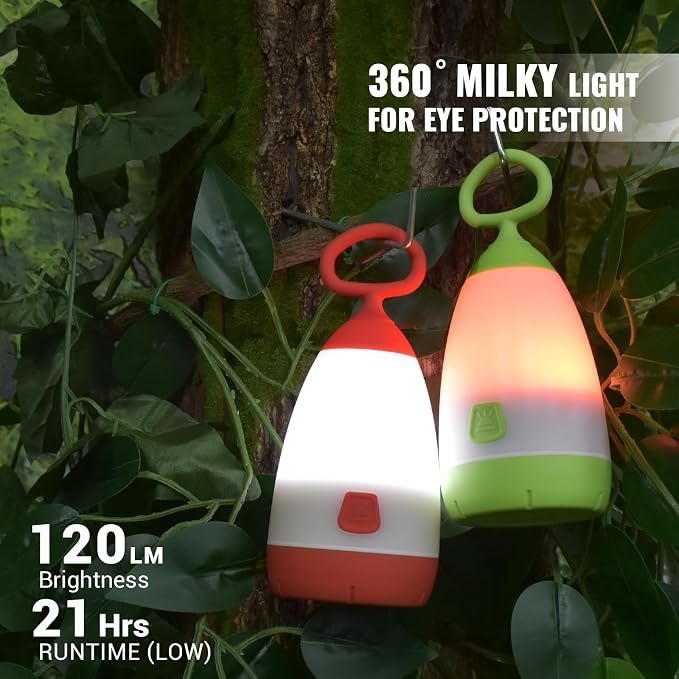 2-Pack Kids Camping Lantern & Night Light, Battery Operated, 360° Eye-Safe Light, IPX4 Waterproof RGB Portable for Family RV Camping (Green & Red, 6× AAA Included)