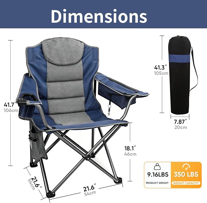 Colorsoul Oversized Camping Chair, Padded Portable Camping Chairs with Cup Holder, Cooler Bag and Shoulder Straps, Heavy Duty Outdoor Folding Chair for Camping, Beach, Fishing, Support 350 LBS, Blue