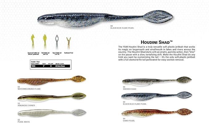 YUM Houdini Shad Soft Plastic Swim-Bait Fishing Lure with 3-Way Modifiable Tail for Custom Tail Action, 5 Inch Length, 10 per Pack