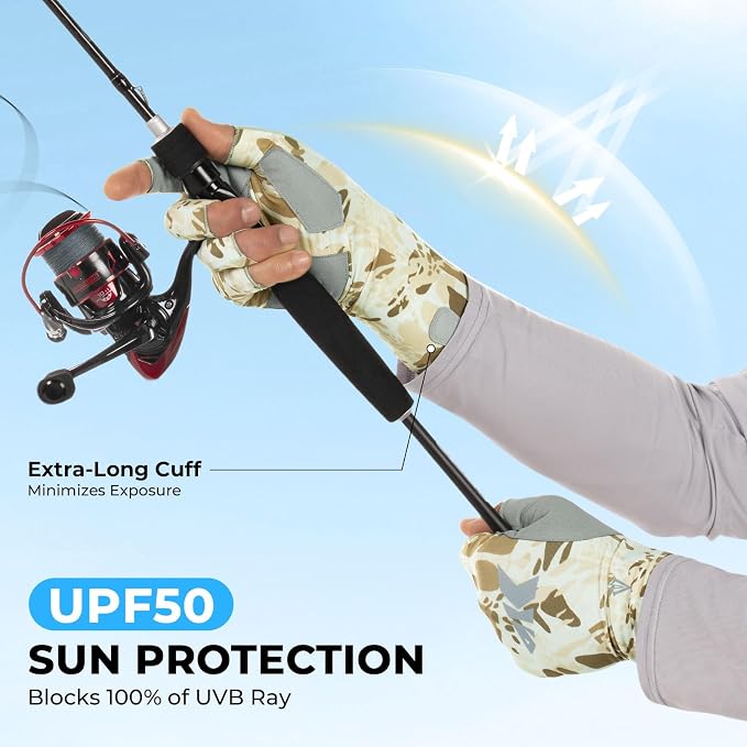 KastKing Agies Fishing Gloves Men, UPF 50+ Sun Gloves UV Protection, Cooling Quick-Dry 3/4 Fingerless Gloves with Extended Cuff, Microfiber Palm & Pull Tabs, for Fishing, Kayaking, Hiking, Hunting