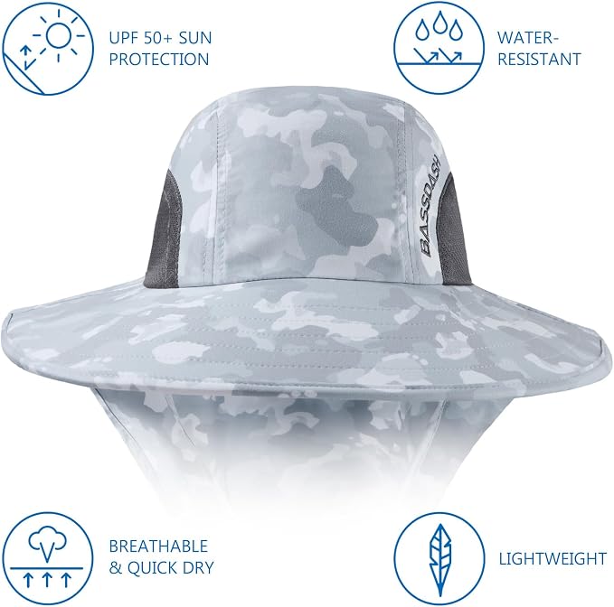 BASSDASH UPF 50+ Unisex Water Resistant Wide Brim Sun Hat with Large Neck Flap Ponytail Fishing Hat for Men Women