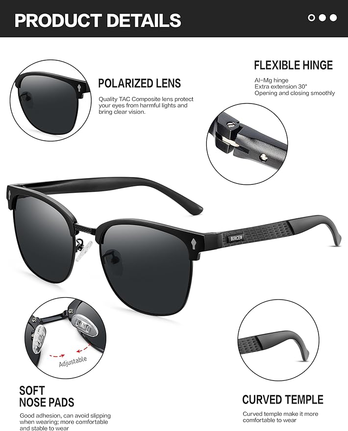 BIRCEN Mens Polarized Sunglasses for Driving: Al-Mg Metal UV Protection Sun Glasses Square Shades for Fishing Travel 2026