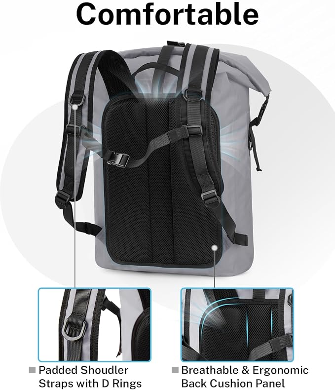 Gonex Ultralight Waterproof TPU Backpack, 55L Roll Top Dry Bag with Comfortable Padded Back Panel for Kayaking Boating Camping Fishing Travel,Grey