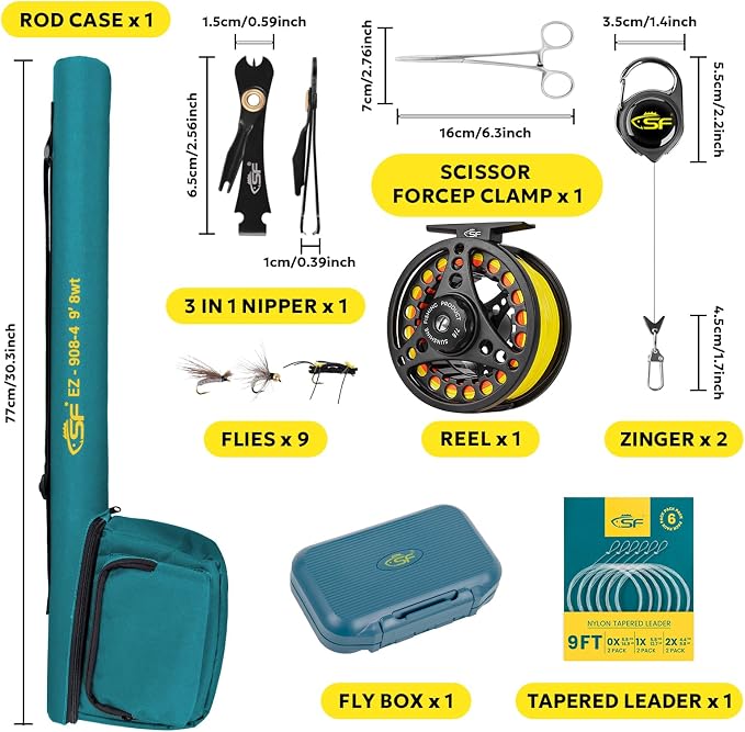 SF Fly Fishing Rod Combo Starter Kit Semi Gloss Green Jade Finish 24T Carbon Fiber Trout Travel Fly Rod with Reel,Fly Rod case,Fly Box , Flies,Tapered Leader,Knot Tying Tools