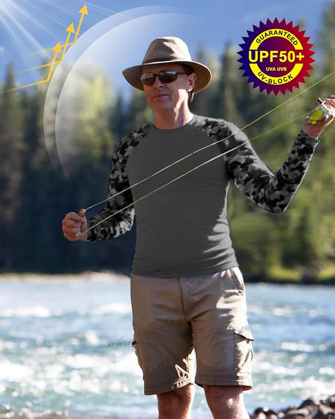 FISHEAL Men's Long Sleeve Fishing Shirts, UPF 50+ Camo Sun Protection Rash Guard, UV Shirt for Swimming Hunting Outdoor