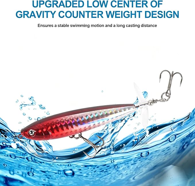 Whopper Fishing Lure for Bass：Popper Top Water Fishing Lures with Floating Rotating Tail Barb Treble Hooks Saltwater Freshwater Plopping Lures Kit