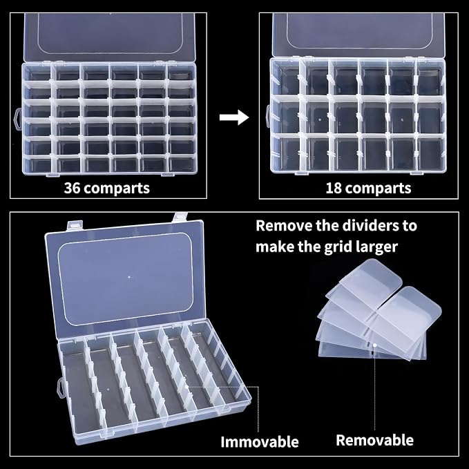 OUTUXED 36 Grids Clear Plastic Organizer Box with Adjustable Compartment Dividers Rock Collection Box for Bead, Nails, Jewelry, Art, DIY Crafts, Fishing Tackle, Small Items Organizers and Storage