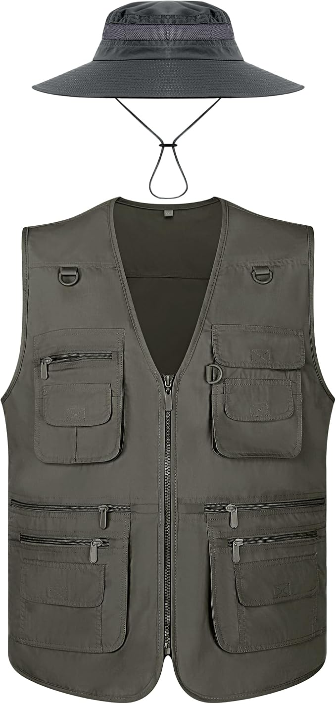 Janmercy 2 Pieces Men's Work Fishing Vest with Hat Lightweight Safari Travel Hunting Waistcoat With Multi Pockets Fishing Hat