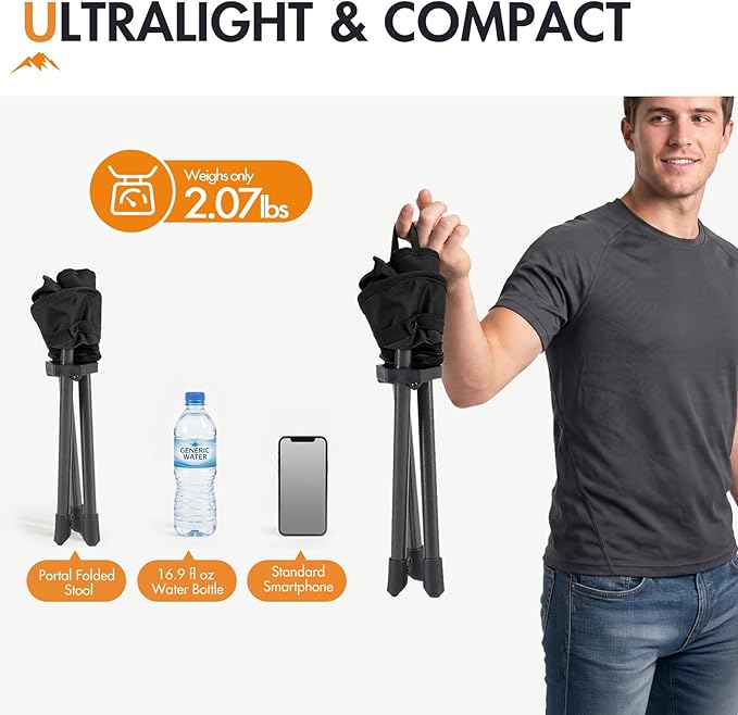 Portal 2 Pack Tall Folding Tripod Stool for Adults Supports 225 lbs, Portable Lightweight Camping Seat with Carry Strap, Compact Foldable Outdoor Chair for Fishing, Hiking, Golf, Camping & Travel