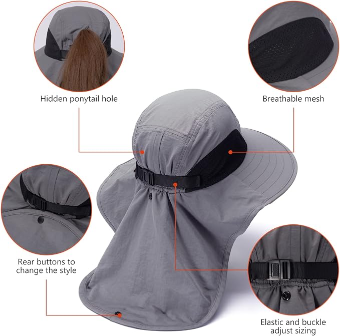 BASSDASH UPF 50+ Unisex Water Resistant Wide Brim Sun Hat with Large Neck Flap Ponytail Fishing Hat for Men Women