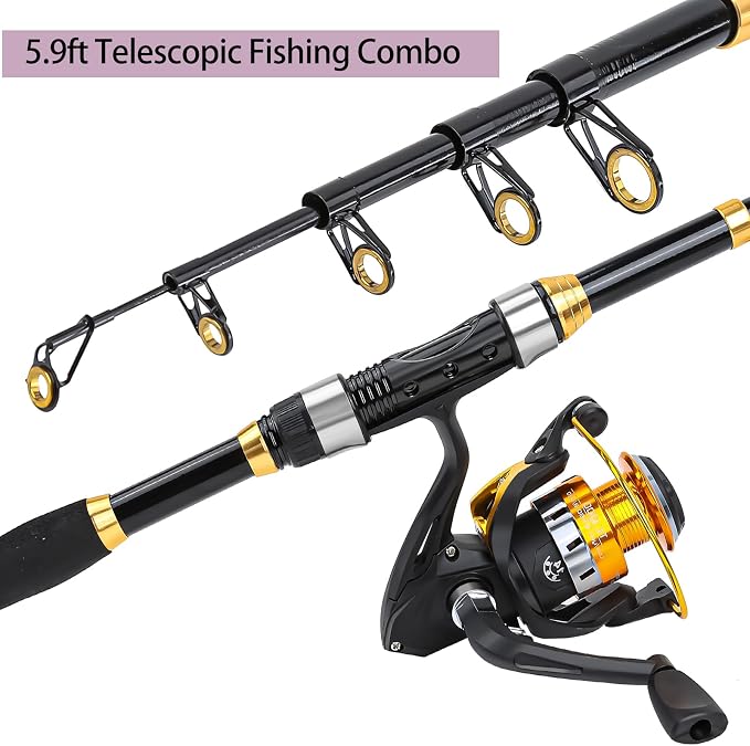 Yoilrey Fishing Rod and Reel Combo – 5.9ft Telescopic Fishing Pole Starter Kit with Spinning Reel, Fishing Line, Lure Box & Tackle Bag for Travel