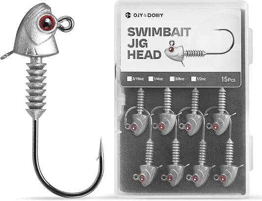 Swimbait Jig Heads with Stacked Cone Keeper, Minnow Style Eye Fishing Jighead 3/16 1/4 3/8 1/2oz (15 PCs)
