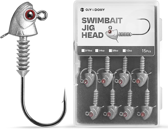 Swimbait Jig Heads with Stacked Cone Keeper, Minnow Style Eye Fishing Jighead 3/16 1/4 3/8 1/2oz (15 PCs)