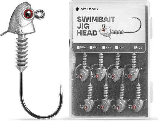 Swimbait Jig Heads with Stacked Cone Keeper, Minnow Style Eye Fishing Jighead 3/16 1/4 3/8 1/2oz (15 PCs)