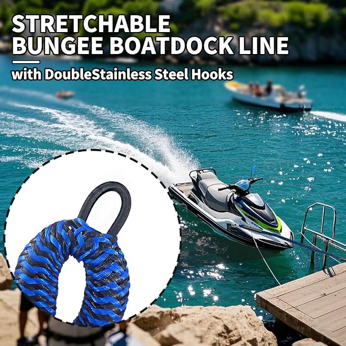 Bungee Boat Dock Line, Boat Rope with Double 316 Stainless Steel Clips Accessories for Bass Boat, Kayak, Pontoon, Watercraft, Waverunner, SeaDoo, Canoe,2Packs,4-6FT,Blue&Black