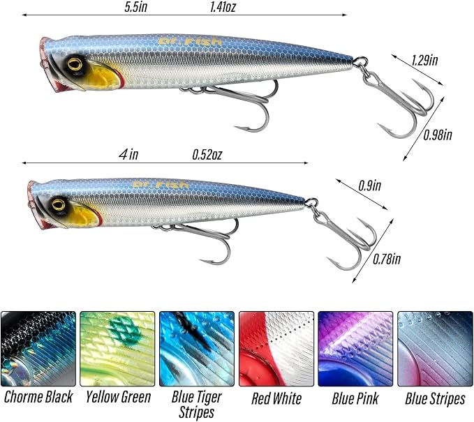 Dr.Fish Popper Saltwater Fishing Lures, 4/5.5 Inches GT Popper VMC Treble Hooks Surf Fishing Lures for Bass Striper Pike Salmon Offshore