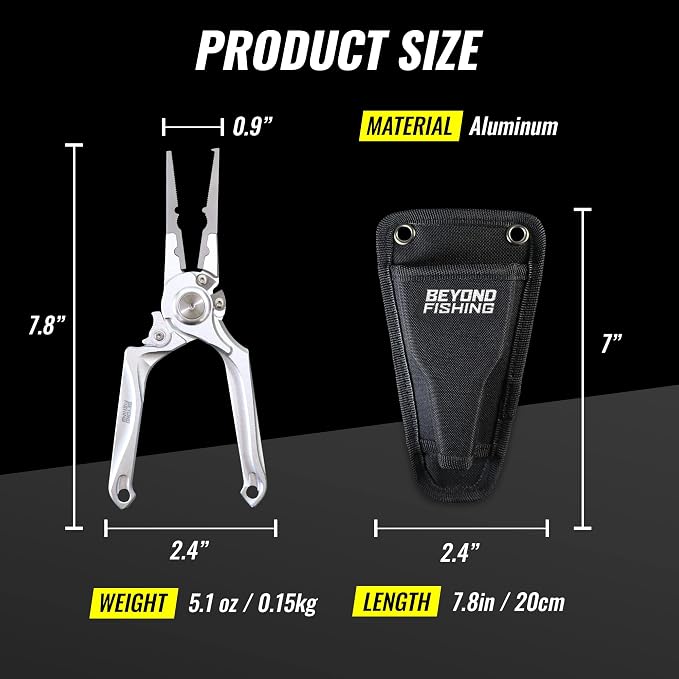 Beyond Fishing Pro Aluminum Series 8 Inch Multifunction Fishing Pliers, Saltwater Resistant Fishing Gear, Tungsten Carbide Cutters, Corrosion Resistant Teflon Coating with Sheath
