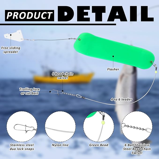 Threlaco 6 Pcs Trolling Bumper for Trolling Flashers Dodgers Fishing Leader Saltwater Leader Line Bottom Rigs Clear Nylon Surf Fishing Steel Tackle Rigs with Swivel Snaps Beads