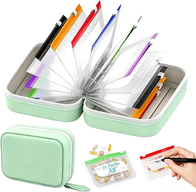 A8 Waterproof Pill Pouch Set, Large Two Weekly Pill Organizer with 14 Color-Coded Pouches, Reusable Travel Medicine Organizer, Zippered Pill Storage Case for Fish Oil, Vitamins & Supplements