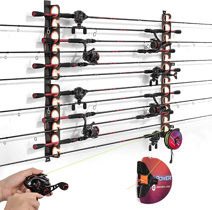KastKing SafeGuard LS Horizontal Fishing Rod Rack with Line Spooler – Wall or Ceiling Mount, Holds 12 Rods & Combos, No-Twist Fishing Rod Holder with Spooler & Cutter (Spinning & Baitcasting)