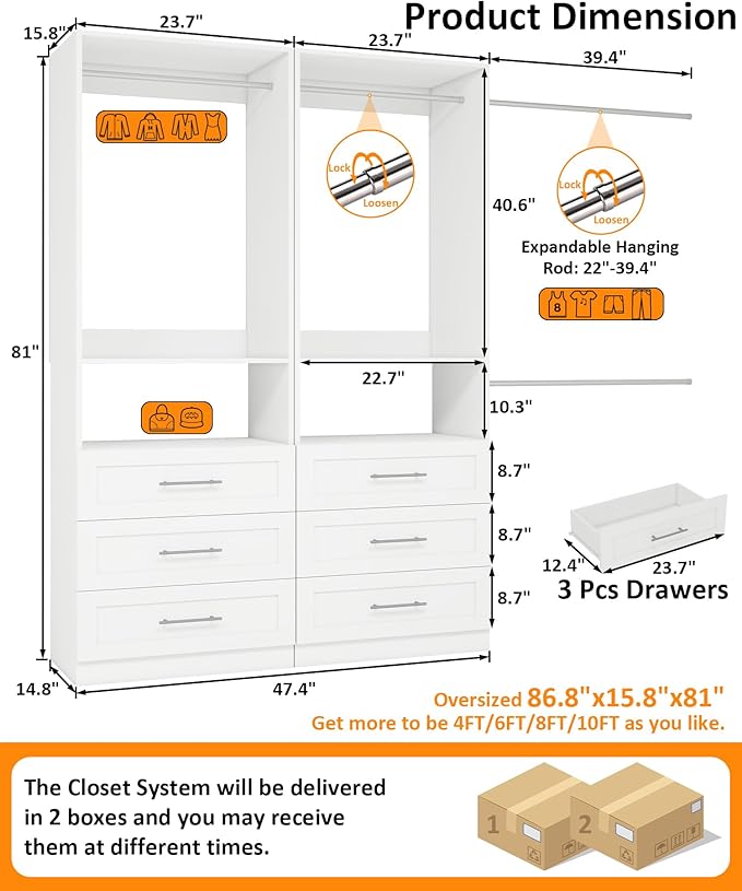 Closet System with Wooden Drawers, 4FT Closet Organize System with Drawers & Hanging Rods &for Walk in Closets, 2PCS*24" Freestanding Closet System, White(4FT)