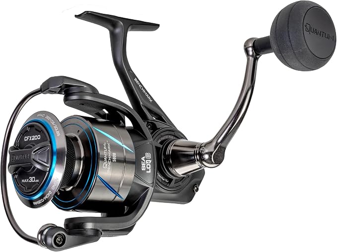 Quantum Benchmark Spinning Fishing Reel, 5+1 Bearings, Aluminum Frame, SEALOQ 6 Protection, GEARTEQ Machined Gears, CFX200 Carbon Fiber Drag, Silver/Blue