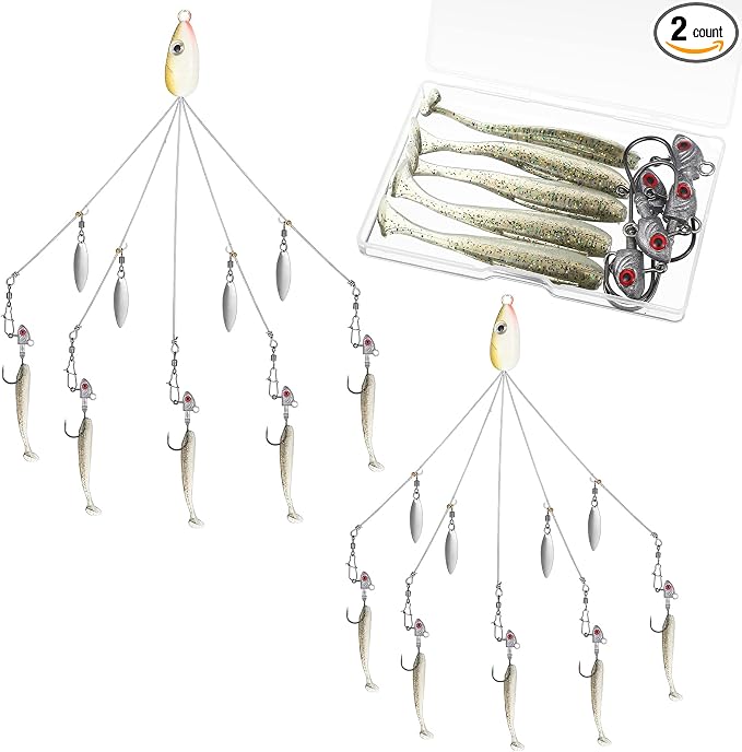 Lunmon 2 Pcs Umbrella Rig Fishing Lure Bass Bait Kit 5 Arms Baits Multi Lure Rigs for Trout Perch Walleye Freshwater Saltwater Boat Trolling