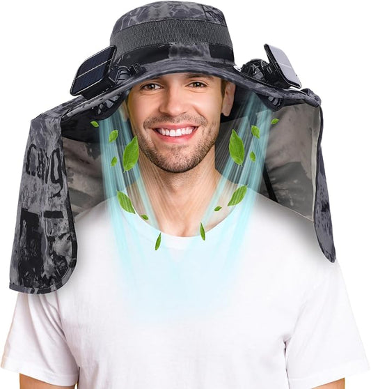 Chuarry Wide Brim Sun Hat with 2 Solar Fans and Neck Flap Outdoor Solar Powered USB Charging Bucket Fishing Hat for Men Women