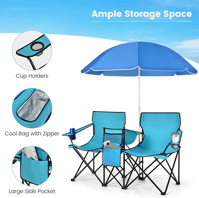 Tangkula Double Camping Chairs with Umbrella, Portable 2 Seat Folding Camp Chair with Cooler Bag, Beverage Holder, Carrying Bag, Foldable Lawn Chair for Outside, Fishing, Picnic, Beach
