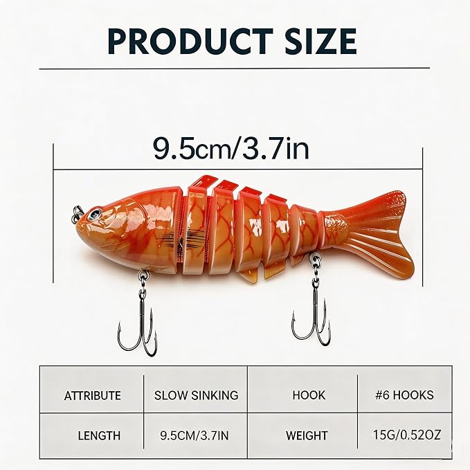 Multi Jointed Swimbait Hard Lure, 3.7in Slow Sinking Fishing Lures with Realistic S-Shaped Swimming Action, Built-in Gravity Transfer System & #6 Treble Hooks for Bass, Trout, Pike, Topwater Lure