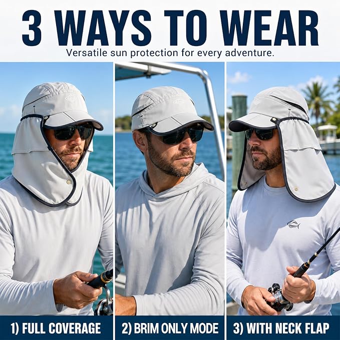 Palmyth Fishing Sun Hat with Detachable Neck Flap UPF 50+ Lightweight Hiking Hats Sunglass Lock Baseball Cap for Men Women