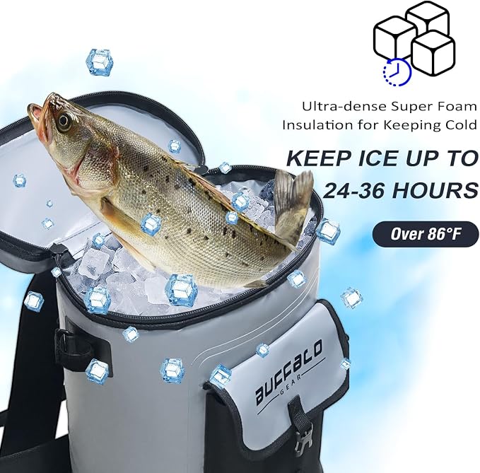 Buffalo Gear Fish Cooler Backpack 32Qt Waterproof Fishing Backpack Cooler Portable Fish Bag, Keep Ice Cold More Than 24 Hours