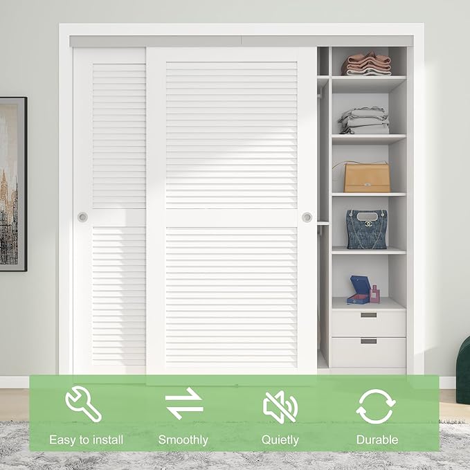 7FT/84(Double 3.5FT) Bypass Door Hardware, Aluminum Double-Closing Sliding Closet Door Hardware with Finger Pull Included, Smoothly and Quietly, Fit Door Thickness 1 3/8" or 1 3/4", Silver