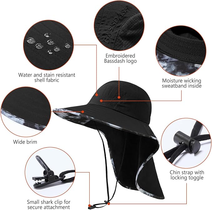 BASSDASH UPF 50+ Unisex Water Resistant Wide Brim Sun Hat with Large Neck Flap Ponytail Fishing Hat for Men Women