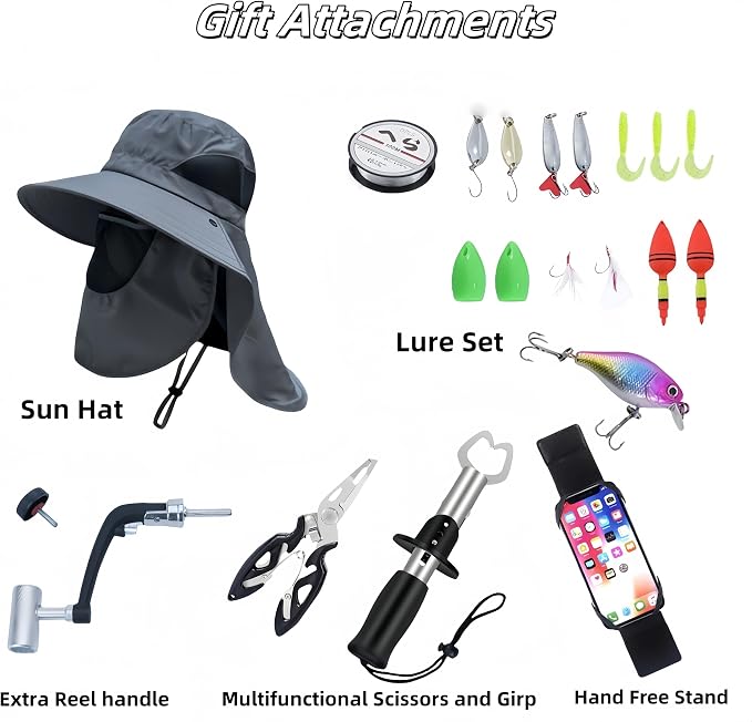 Portable Fishing Spinning Rod and Reel Combo Set Carbon Fiber Fluorescent Rod Tip, with Fishing Lures Line Carrier Bag Kits for Travel Surf Saltwater Freshwater