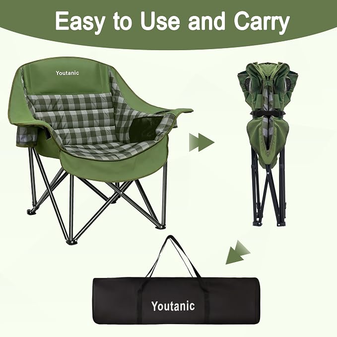 Youtanic Oversized Extra Large Padded Camping Chair, Heavy Duty 400 lbs Foldable Lawn Chair, Ergonomic Outdoor Seat with Plaid Design, Cup Holders & Storage Pockets for Fishing, Sports, Green