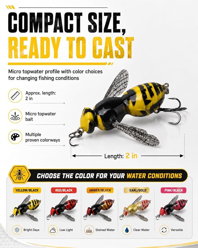2026 New Bionic Wasp Crawl Bait-Topwater Micro Fishing Lure with Acoustic Noise Steel Balls for Bass & Pike Professional Anglers,Realistic Freshwater and Saltwater-W/Carbon Steel