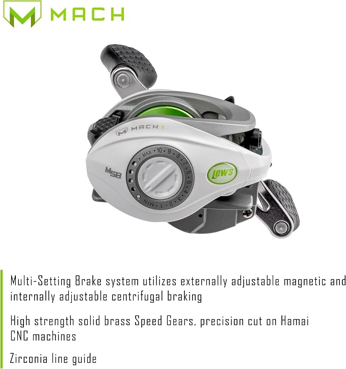 Lew’s MACH 1 Baitcast Fishing Reel, 7+1 Bearings, 7.5:1 Gear Ratio, Graphite Frame and Sideplate, Multi-Setting Brake, Speed Gears, White/Gray/Green