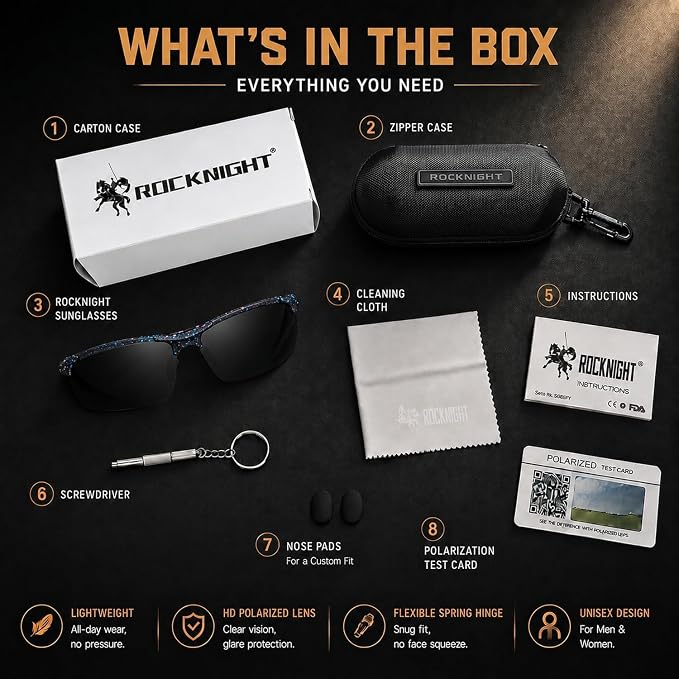 ROCKNIGHT Polarized Rectangular Sunglasses for Men Driving UV400 Protection Lightweight Al‑Mg Frame