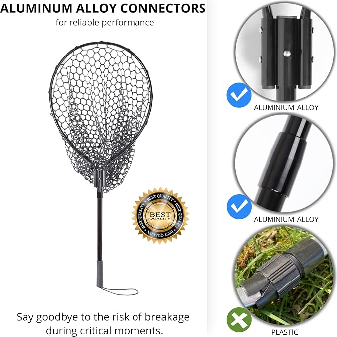 High Strength Large Landing Net - Rubber Fishing Net with Long Telescoping Handle & Soft Rubber Netting, Landing Nets for Fishing, Ideal for Boat, Pier, River Angling