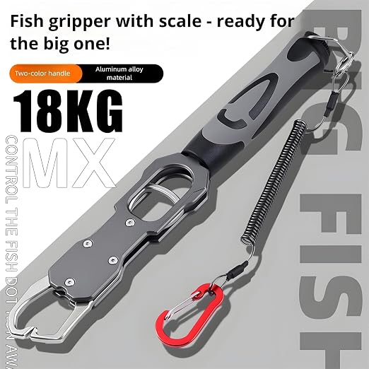 2-in-1 Fish Gripper with Scale, Aircraft-Grade Aluminum Alloy Heavy Duty Fish Lip Holder, MX 18KG Fishing Gripper with Scale, TPR Dual-Color Handle & Rotating Design – Ideal for Anglers (Gray)