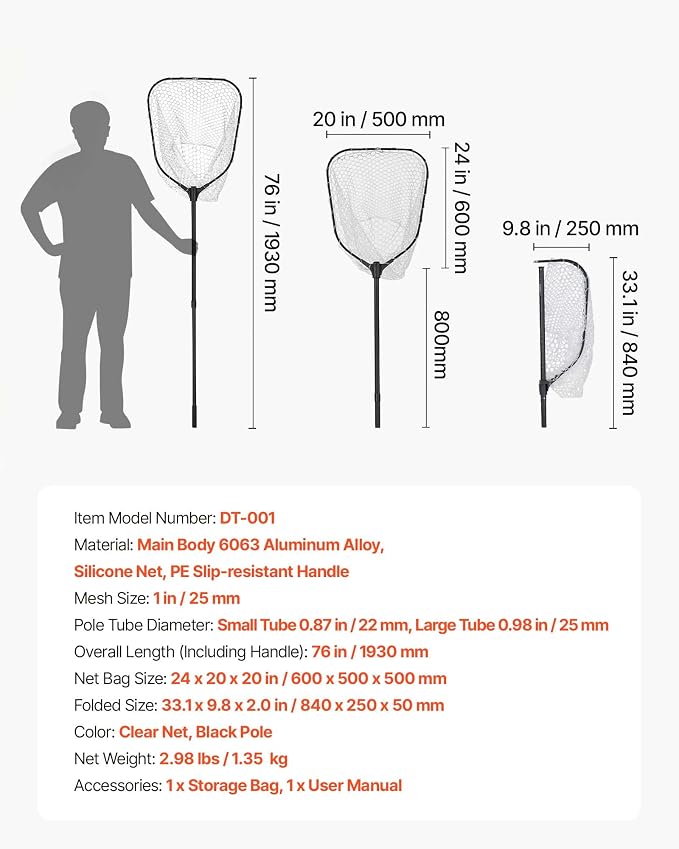 VEVOR Fishing Net, Landing Nets with Telescopic Handle Lightweight and Stronger Fish Gear, Durable and Fish-Friendly, for Kayak, Boat, Bank, Pond